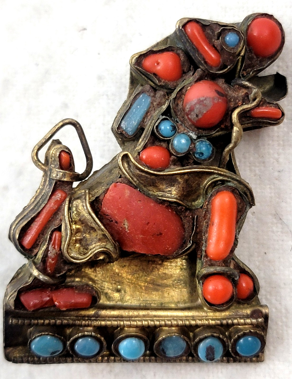 Vintage 1930s Nepal Tibetan Brass Coral Turquoise Foo Dog Brooch Pin Rare